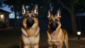 “Two guard dogs with excellent night vision standing alert in a dimly lit yard, showcasing top dog breeds for night protection.”