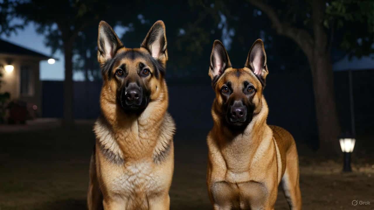 “Two guard dogs with excellent night vision standing alert in a dimly lit yard, showcasing top dog breeds for night protection.”