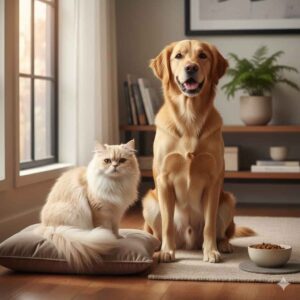 Persian cat and a pet dog sitting indoors showing the difference in maintenance needs and grooming requirements.