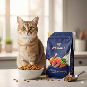 “Healthy cat sitting beside premium Whiskit cat food bowl and packaging.”