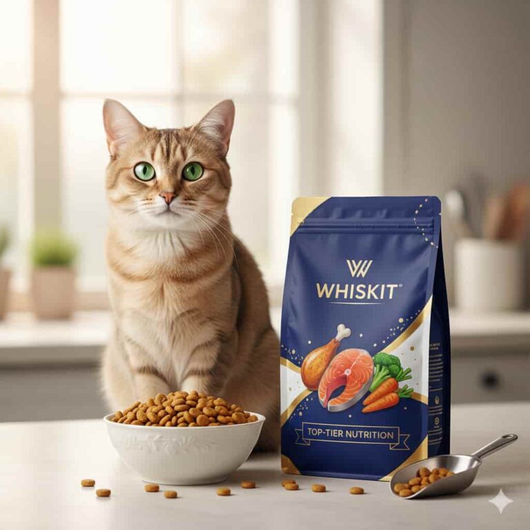 “Healthy cat sitting beside premium Whiskit cat food bowl and packaging.”