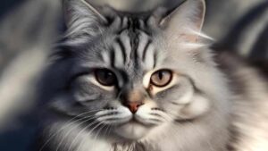 “Silky hair cat with smooth satin-like fur in a close-up portrait.”