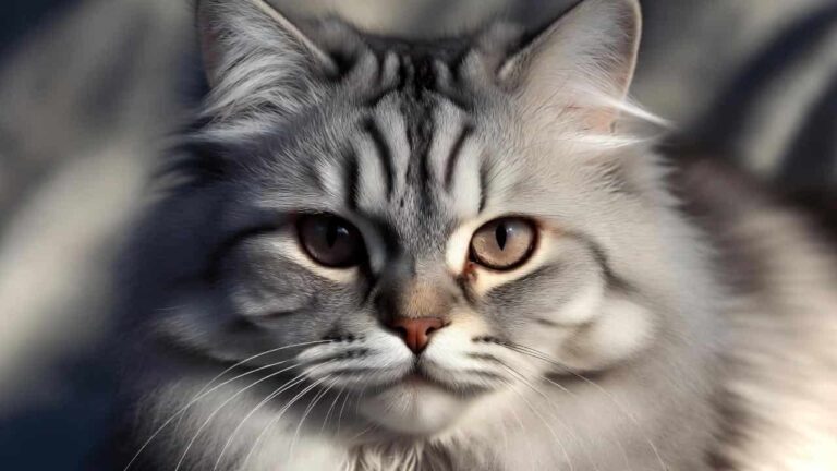 “Silky hair cat with smooth satin-like fur in a close-up portrait.”