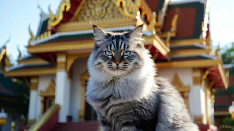“Traditional Thai cat sitting near a golden Thai temple, symbolizing Thailand’s new national symbol status.”