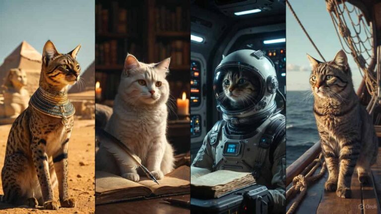 Illustration showing famous cats from history including ancient Egyptian, medieval, space, and naval cats