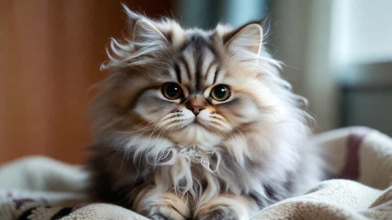 soft fluffy cat with long fur sitting comfortably indoors