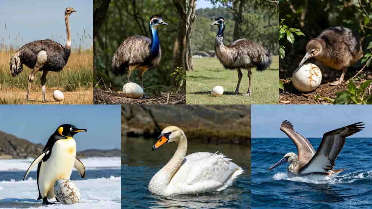 “Seven bird species with the largest eggs, including ostrich, emu, cassowary, kiwi, emperor penguin, swan, and albatross, shown with their eggs.”