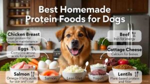 “High-protein foods for dogs including chicken, eggs, fish, and beef”
