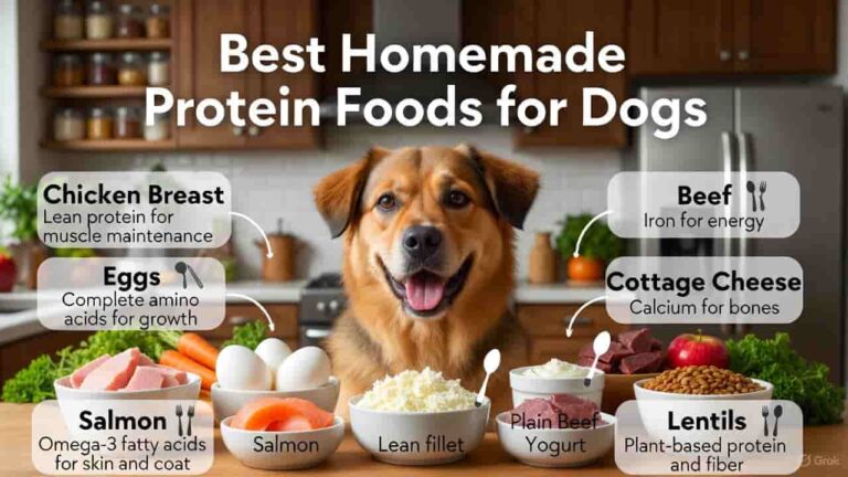 “High-protein foods for dogs including chicken, eggs, fish, and beef”