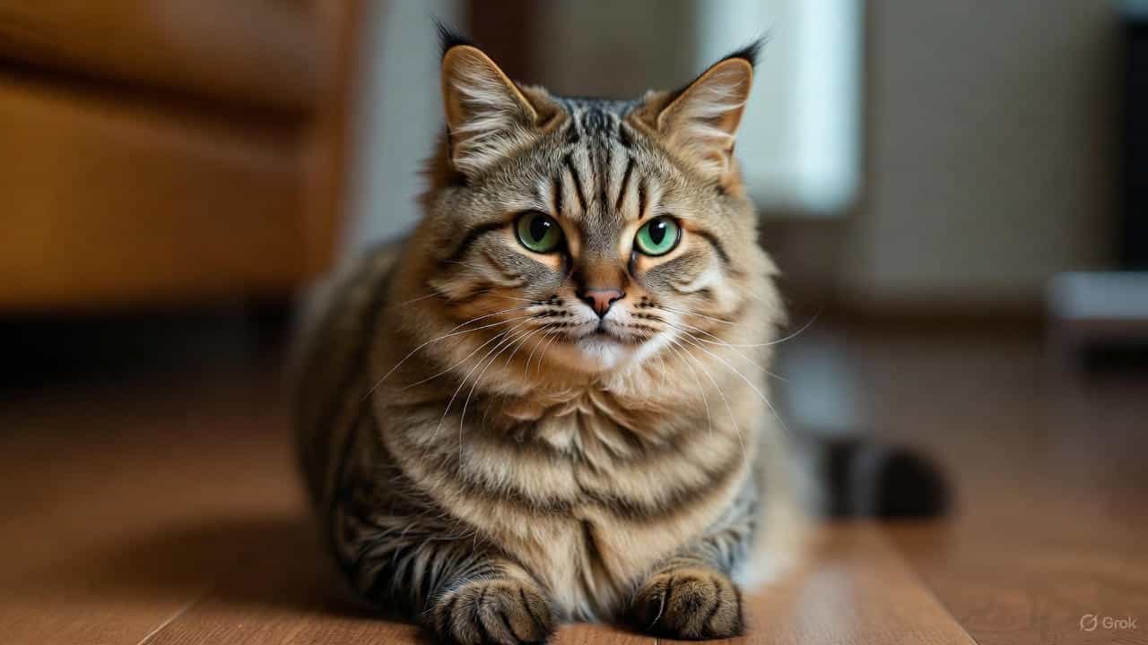 “American Bobtail cat with a short bobbed tail and lynx-like features sitting indoors.”