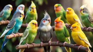A group of popular pet birds including budgies, cockatiels,