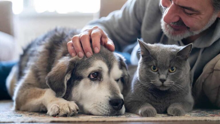 Senior dog and cat resting comfortably with their owner, showing gentle care for aging pets