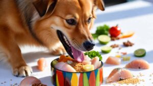 “Healthy dog eating balanced nutritious food with fresh ingredients in a colorful bowl”