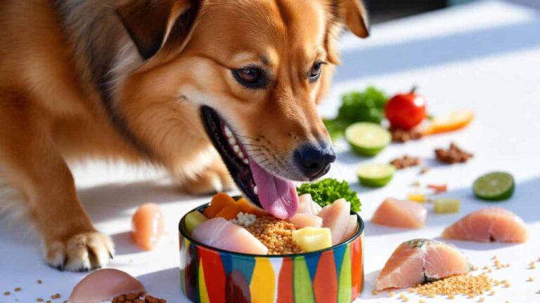 “Healthy dog eating balanced nutritious food with fresh ingredients in a colorful bowl”