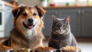Healthy dog and cat sitting near bowls of nutritious pet food in a bright kitchen.