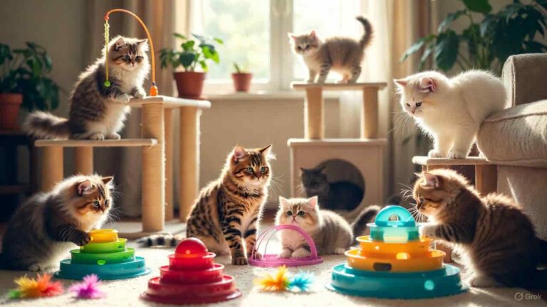 “All types of cats playing indoors with the best interactive cat toys.”