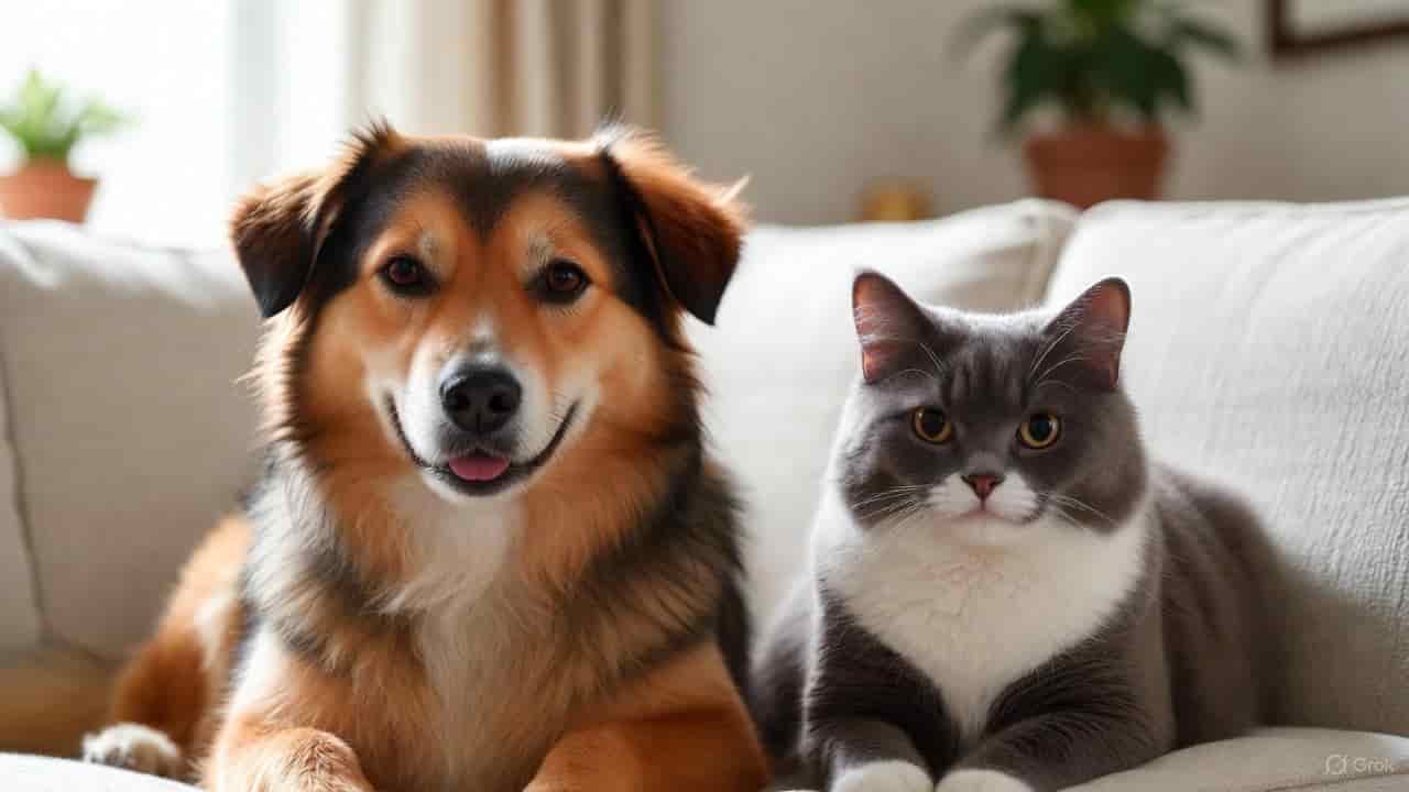A happy dog and cat sitting indoors, looking clean and comfortable after natural DIY Flea treatment.