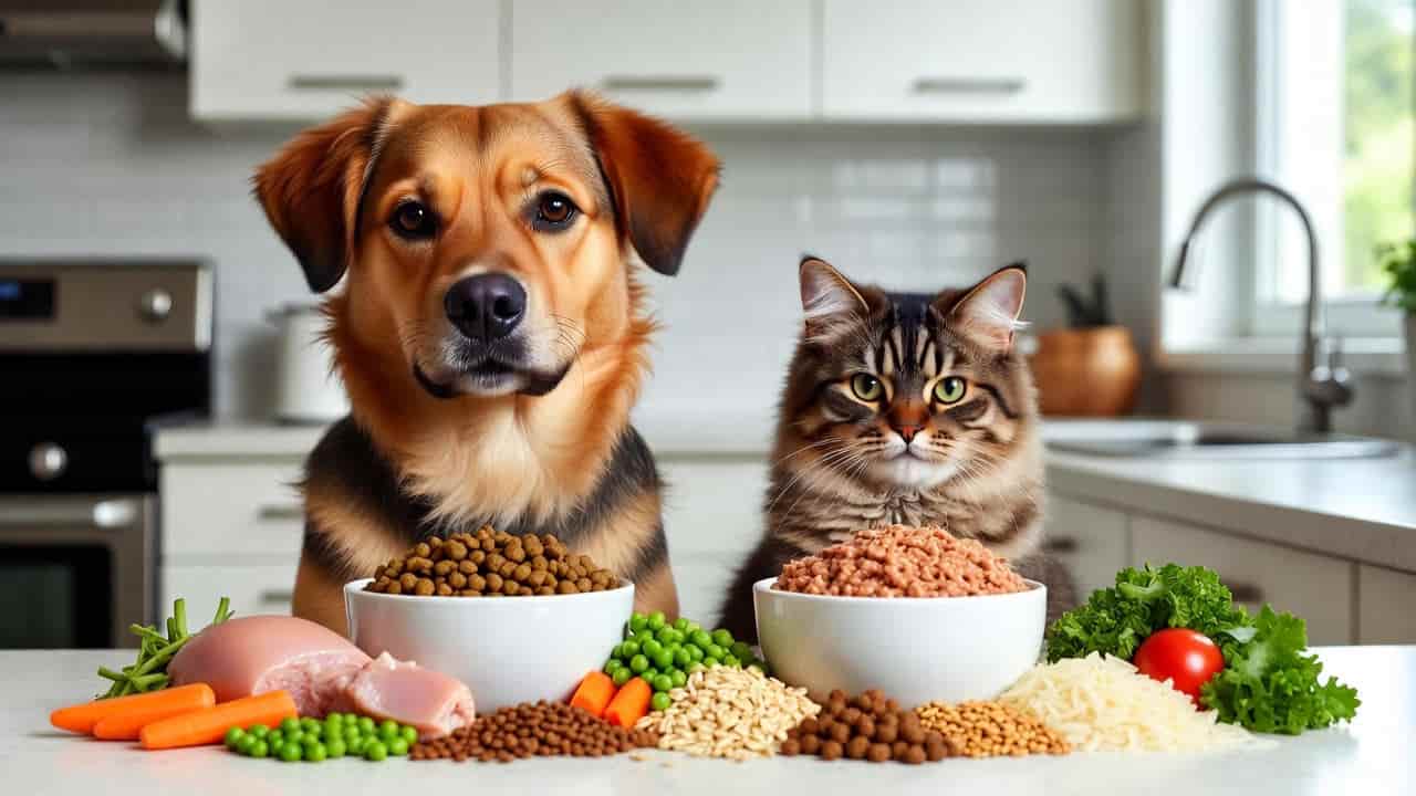 Dog and cat sitting beside healthy natural pet food bowls
