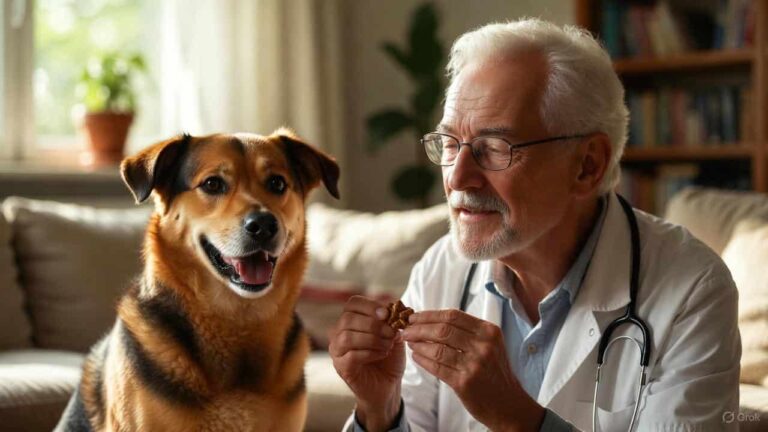 “Veterinarian calmly training a dog using a gentle, proven method to stop barking.”