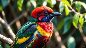 A colorful collection of the 10 most beautiful birds in the world perched on branches, showing vibrant feathers and natural habitats.