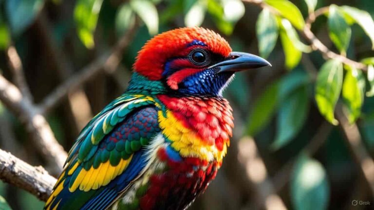 A colorful collection of the 10 most beautiful birds in the world perched on branches, showing vibrant feathers and natural habitats.