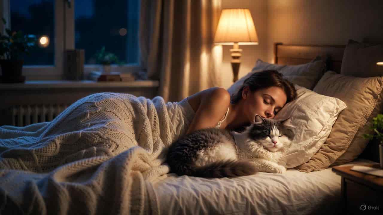 A cozy cat sleeping beside its favorite human, showing trust, comfort, and bonding.