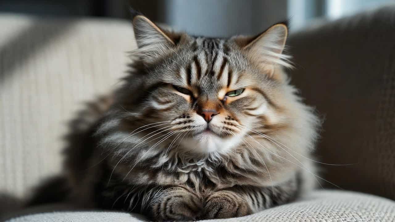 Happy tabby cat purring while resting on a couch, showing how cats purr for comfort, relaxation, and healing