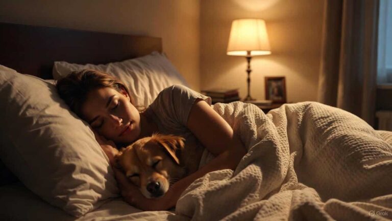 A person sleeping peacefully in bed with a dog or cat, showing emotional closeness and secure attachment behavior.