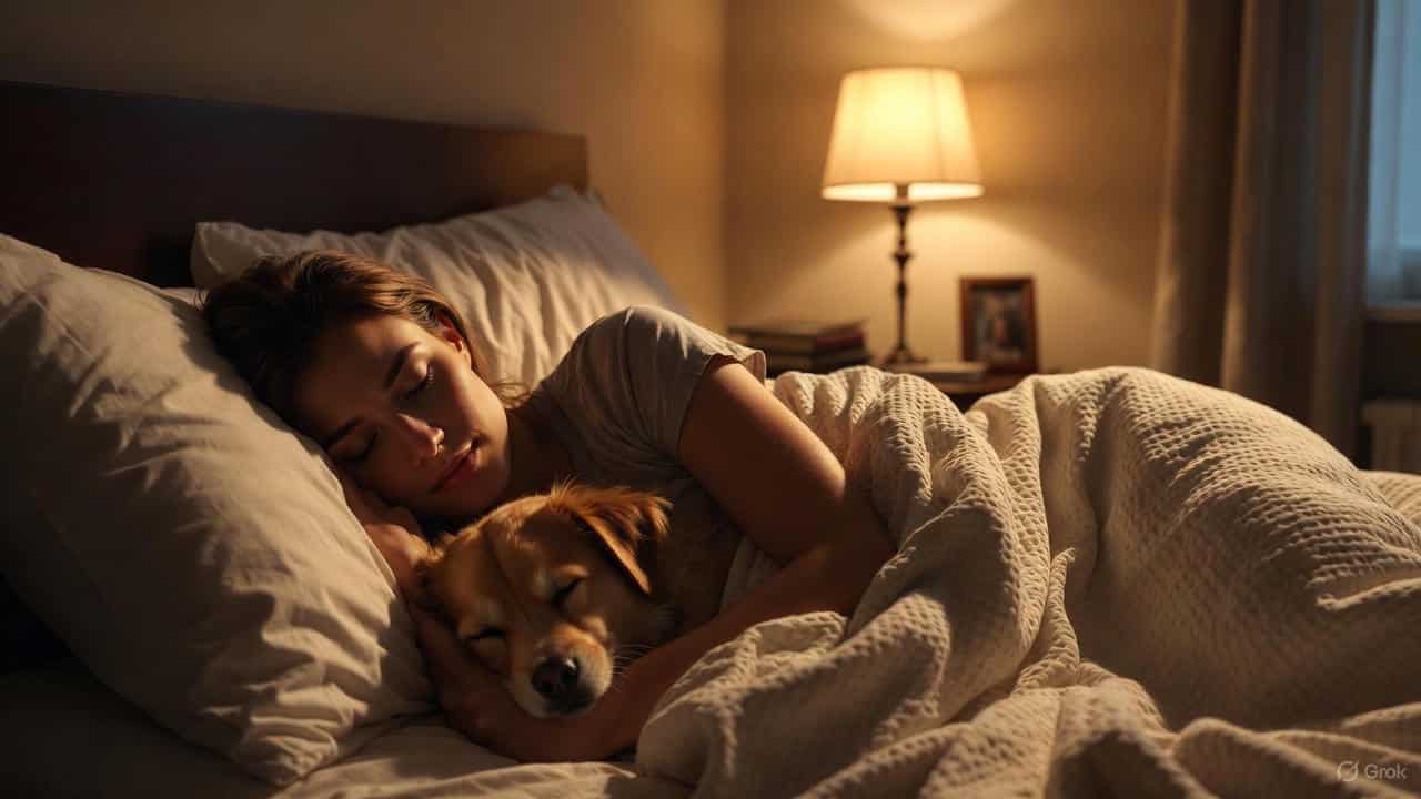 A person sleeping peacefully in bed with a dog or cat, showing emotional closeness and secure attachment behavior.