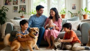 Happy family enjoying time with their pets, highlighting the benefits of pet ownership.