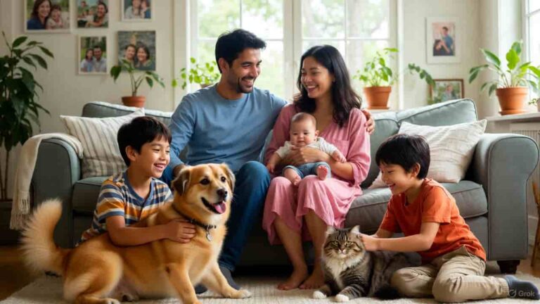 Happy family enjoying time with their pets, highlighting the benefits of pet ownership.