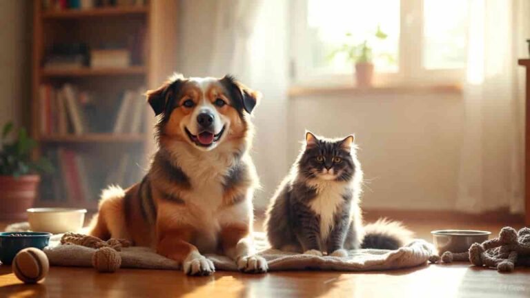 Happy dog and cat at home receiving proper pet care