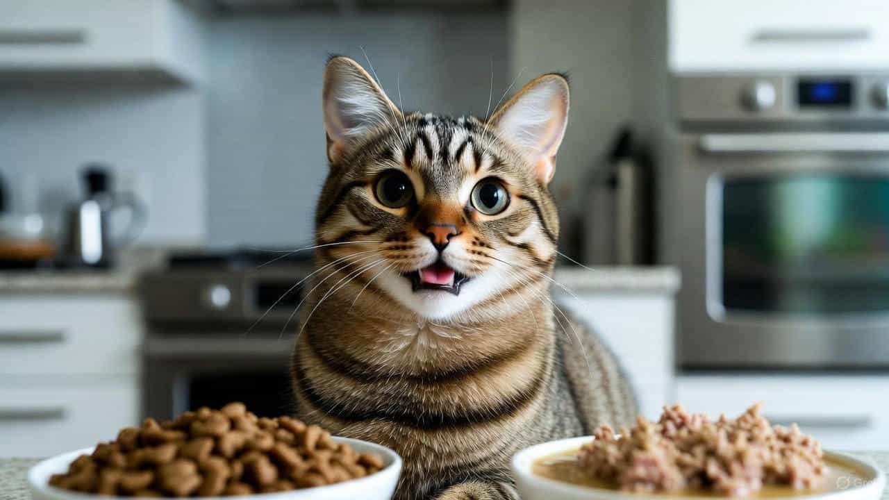 Happy cat with dry and wet cat food bowls – Ultimate 2026 Cat Food Guide