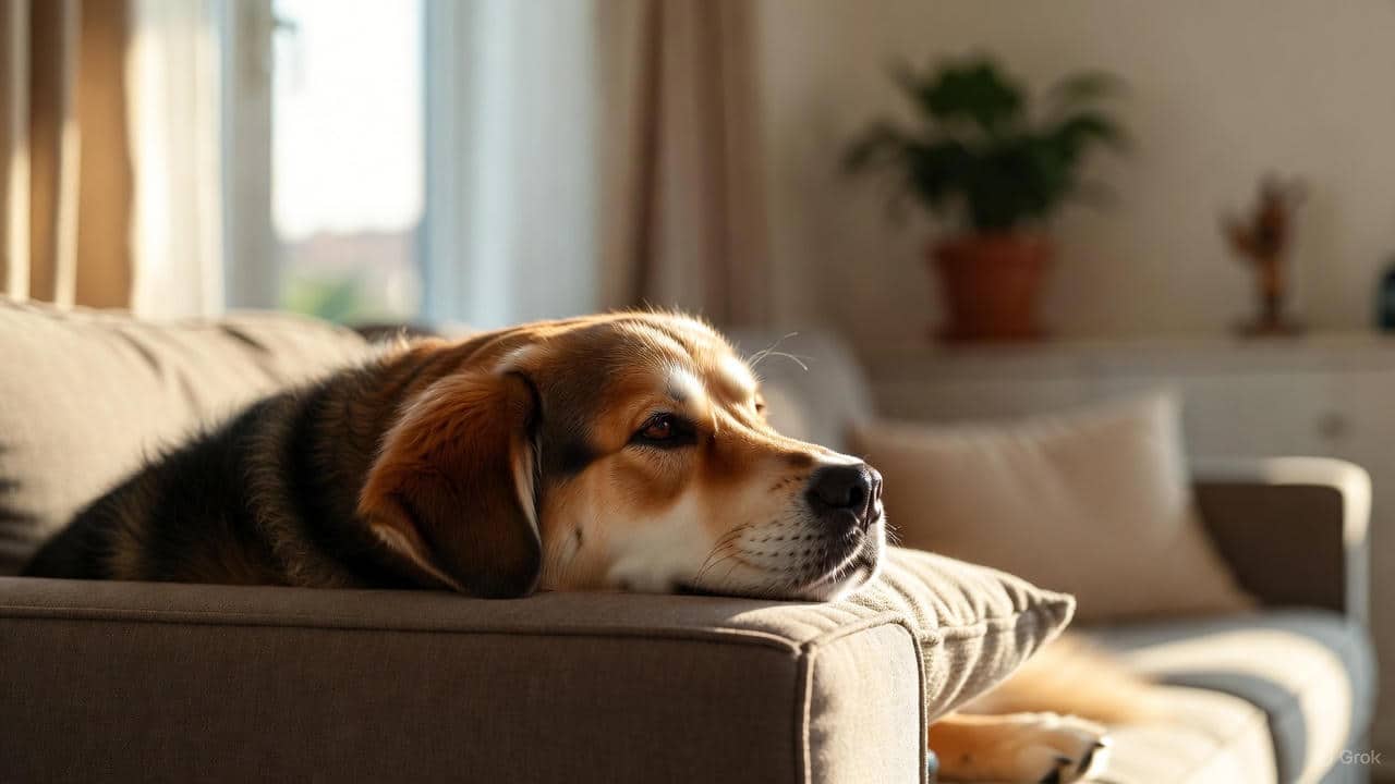 Low-energy dog breeds relaxing indoors, perfect for laid-back pet parents and easy-care lifestyles