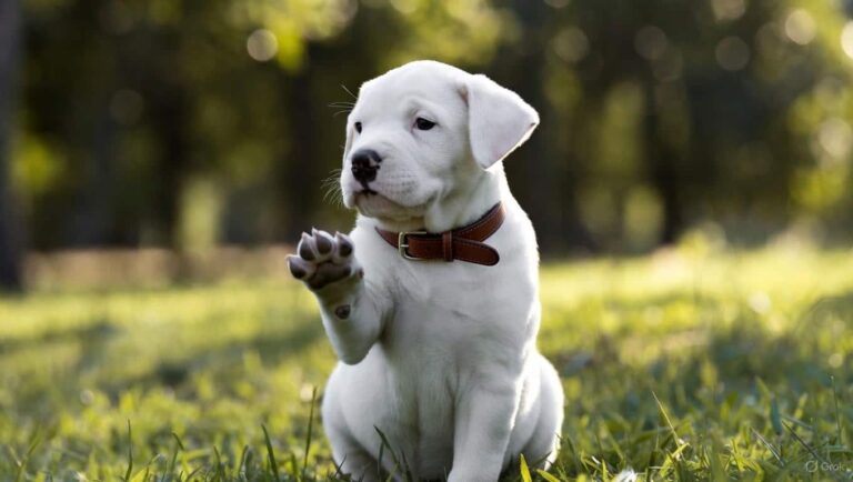 Dogo Argentino puppy sitting on grass with raised paw in a natural outdoor setting