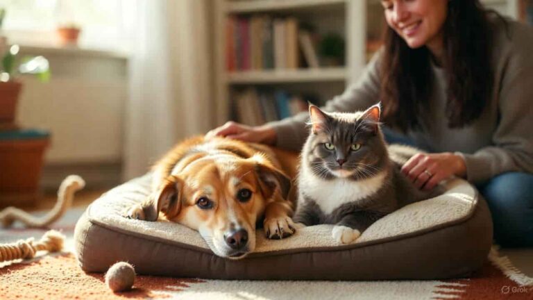 Newly adopted dog and cat adjusting at home with owner