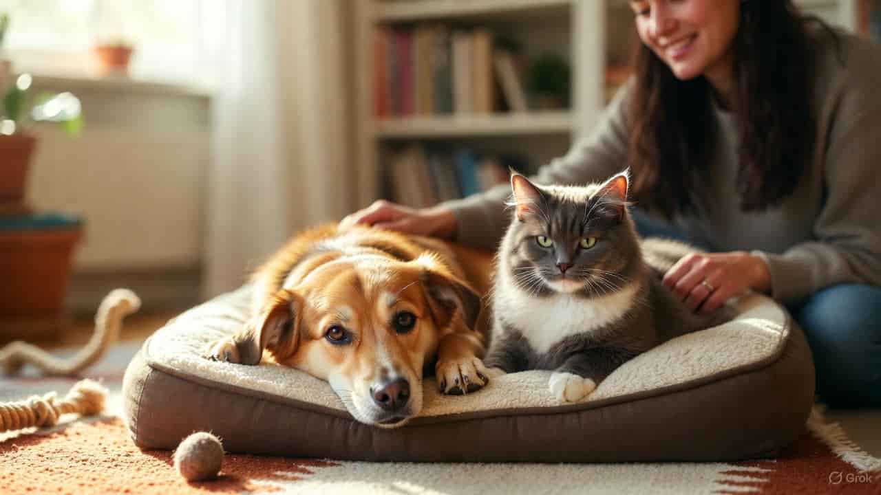 Newly adopted dog and cat adjusting at home with owner