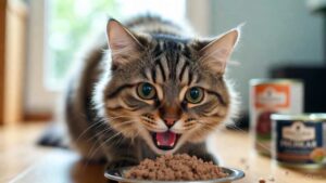 Healthy happy cat eating premium wet cat food from bowl, illustrating the benefits of choosing the best cat food