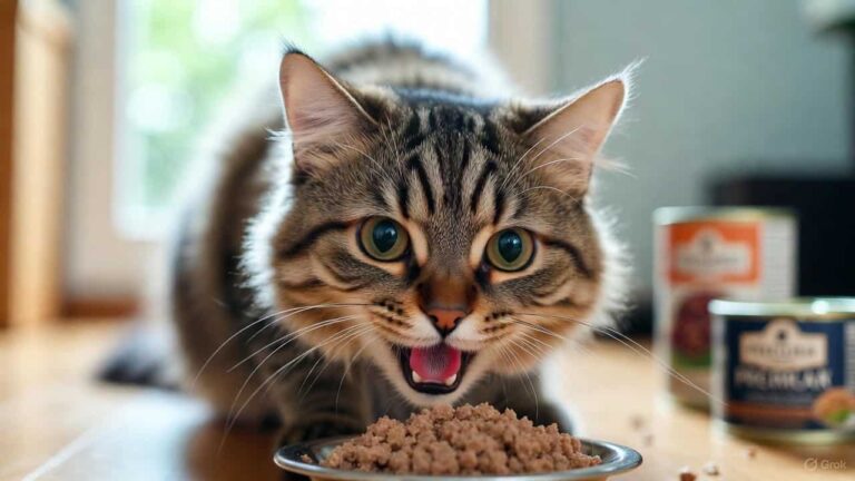 Healthy happy cat eating premium wet cat food from bowl, illustrating the benefits of choosing the best cat food