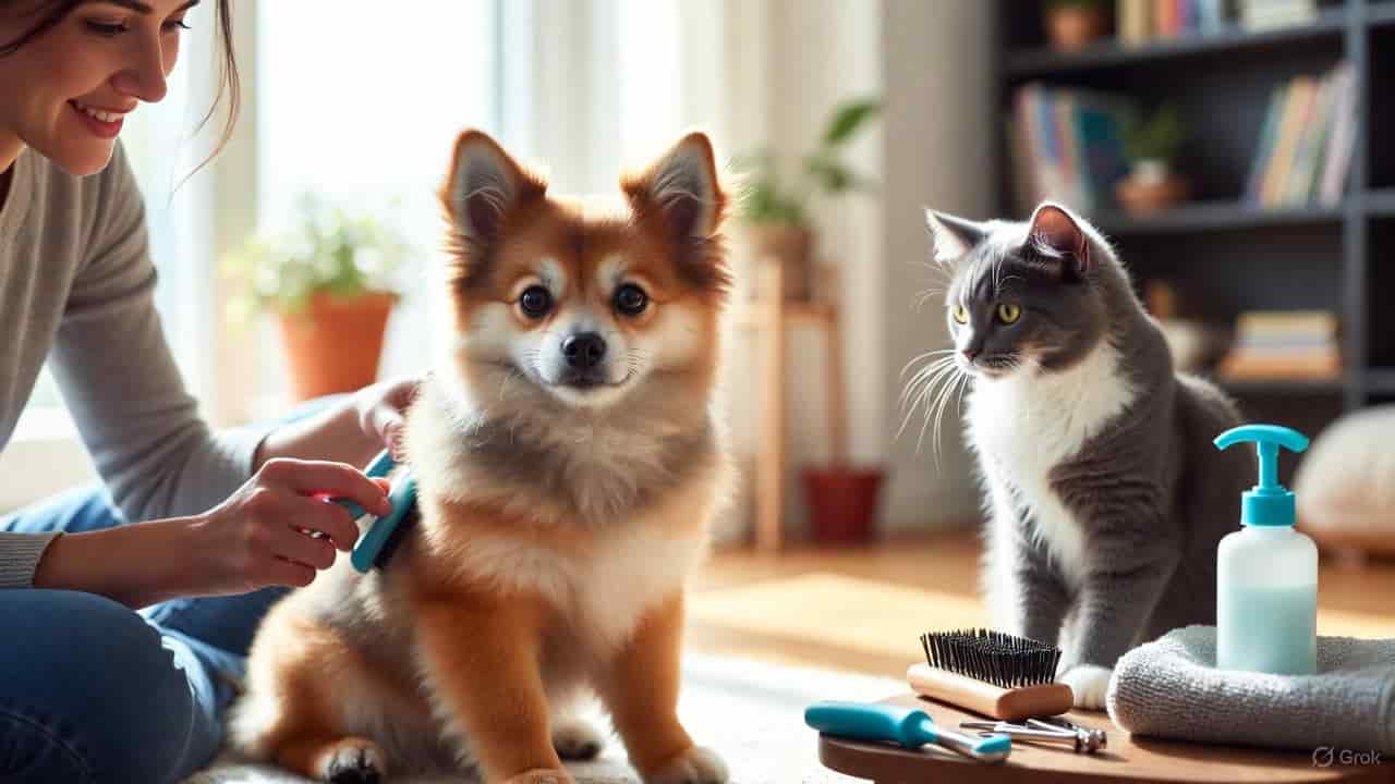 Home pet grooming essentials with brush, nail clippers, shampoo and towel
