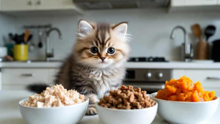 Healthy homemade cat food prepared for kittens with fresh natural ingredients