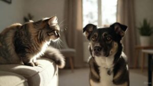 Cat adjusting to a new dog in a shared home environment