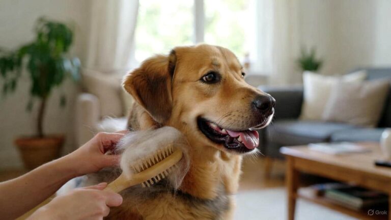 Dog grooming to reduce shedding using a brush at home