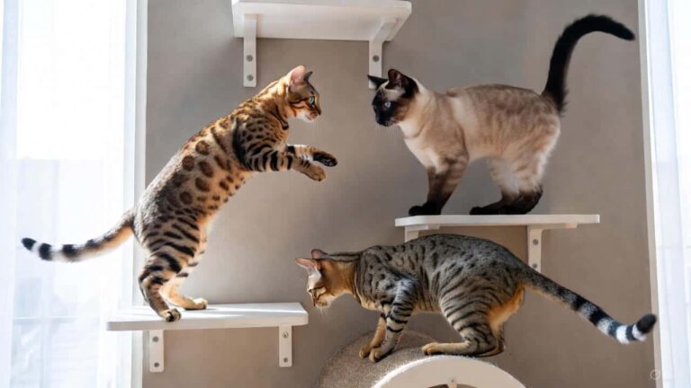 Active cat breeds playing together in a modern home with climbing shelves and toys