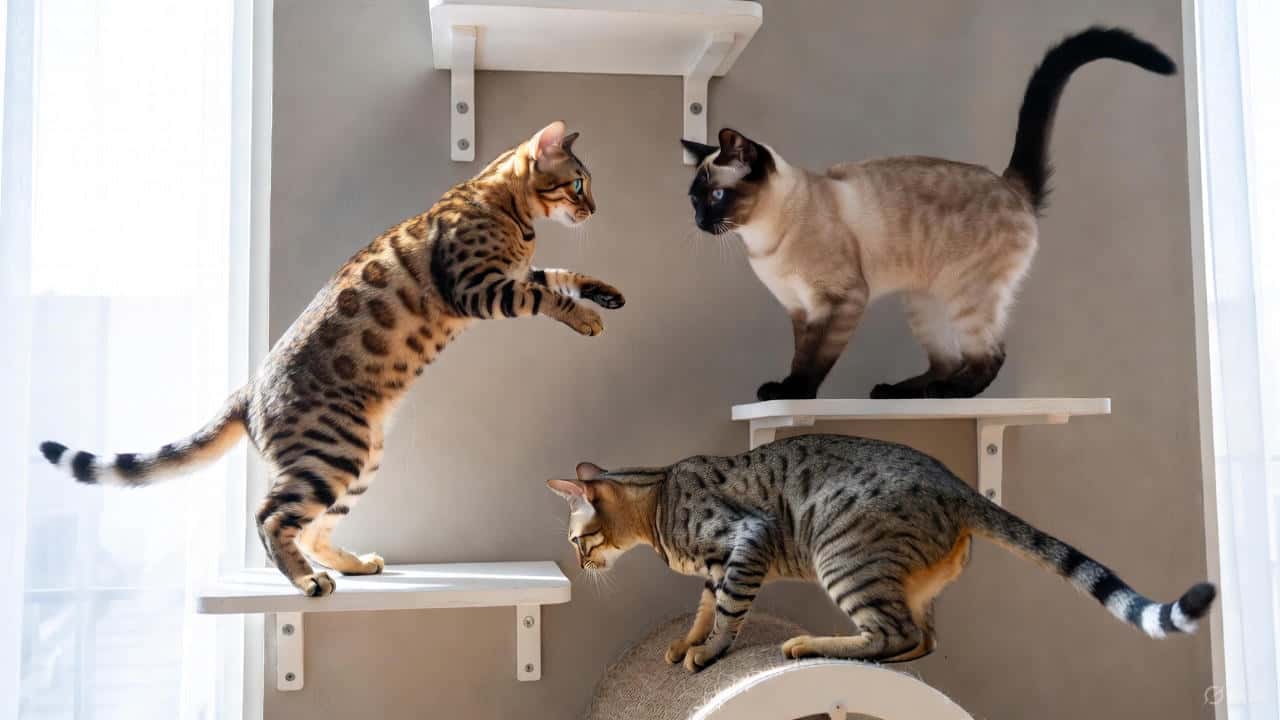Active cat breeds playing together in a modern home with climbing shelves and toys