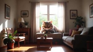 A calm, quiet cat resting peacefully in a serene home environment with soft lighting.