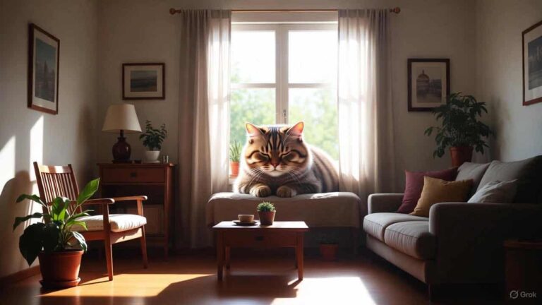 A calm, quiet cat resting peacefully in a serene home environment with soft lighting.