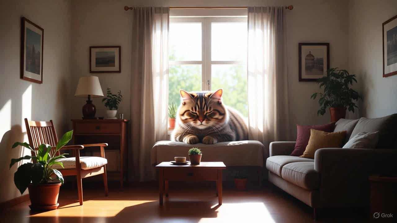 A calm, quiet cat resting peacefully in a serene home environment with soft lighting.