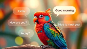 "Parrot sitting on a perch with speech bubbles saying 'Hello' and 'Good morning,' symbolizing parrot talking training."