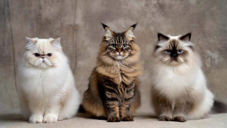 Persian, Maine Coon, and Himalayan cats side by side showing their long-haired coats.